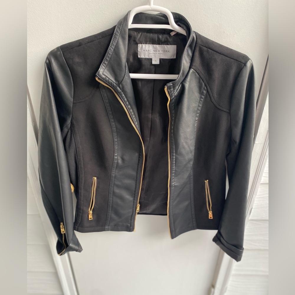 Black Faux Leather Jacket with Gold Accents